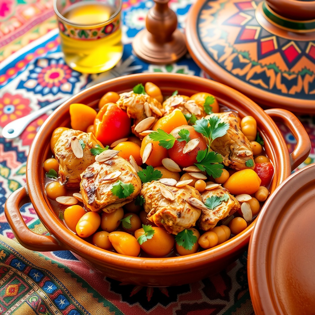 A traditional Moroccan Chicken Tagine with apricots and chickpeas, garnished with cilantro and almonds, served in a clay pot.